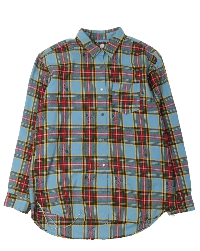 Distressed Cotton Flannel Shirt-- Polka Dot Checkered Tartan