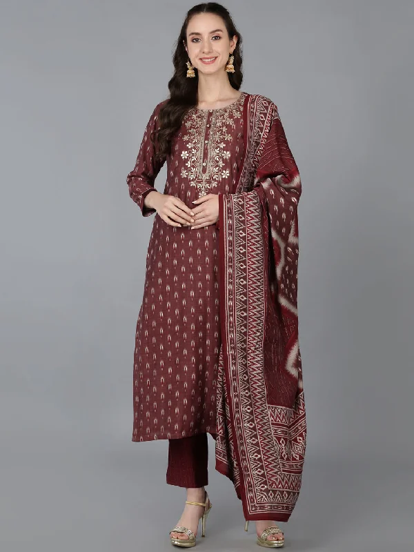Women's Silk Blend Embroidered Ikat Printed Kurta Pant With Dupatta - Ahika Fashionable Track Pants