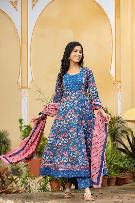 Women's Cotton Printed Kurta Pant Dupatta Set - Ahika Trendy High-Waist Trousers