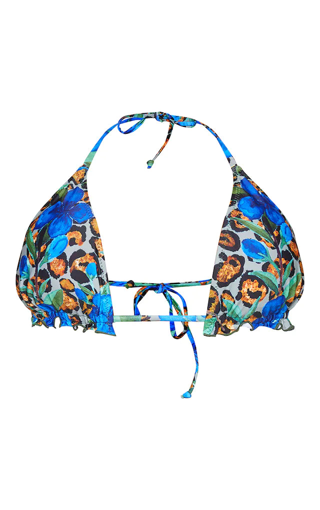 Blue Floral Animal Frill Edge Padded Bikini Top Red bikini, Bold color, Sexy, Summer