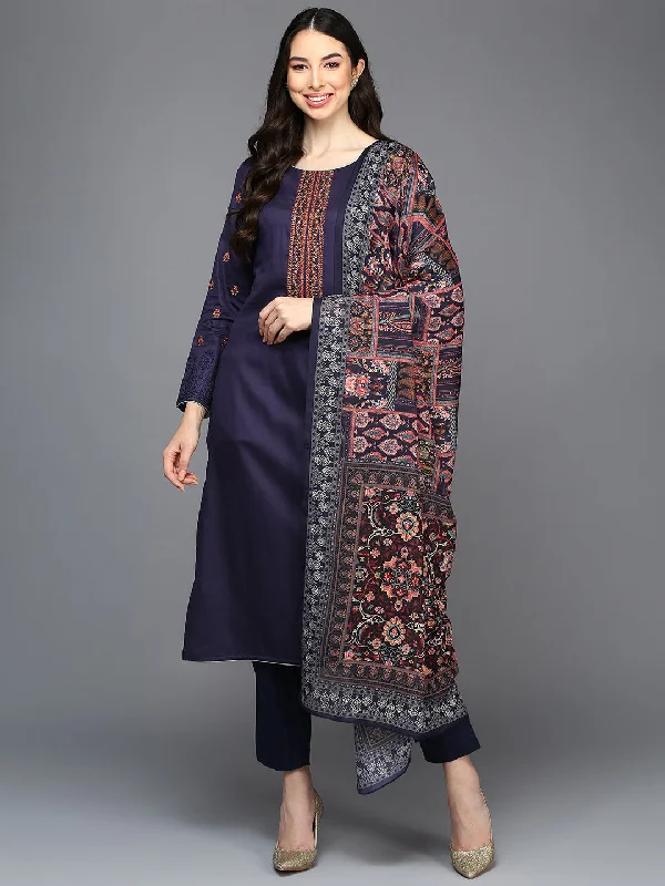 Women's Cotton Navy Blue Embroidered Straight Kurta Pant With Dupatta - Ahika Cozy Fitted Pants