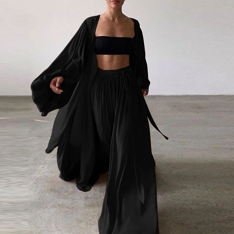 Beautiful Black 2 Piece Kimono & Pant Set Chic Slim Fit Pants