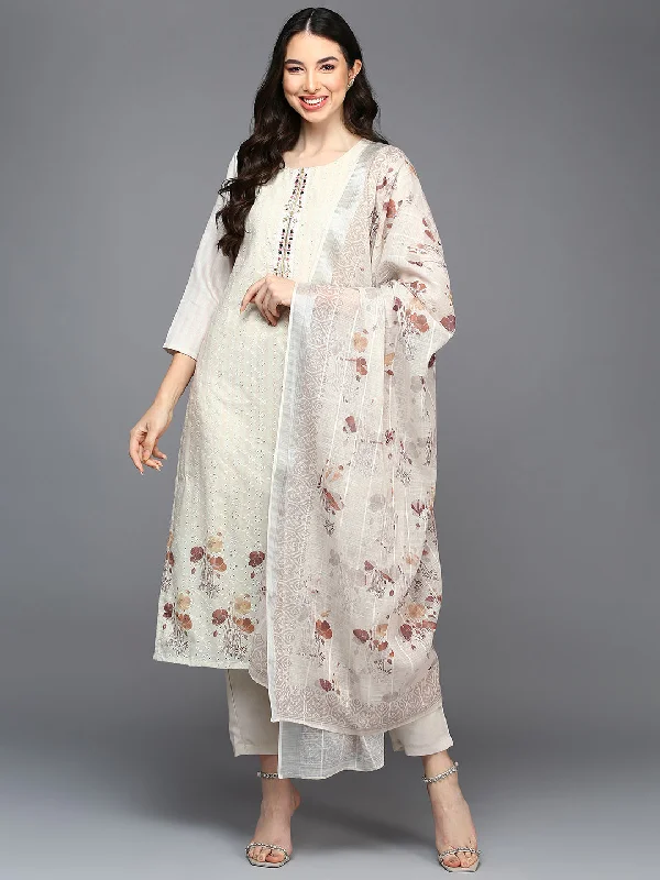 Women's Cotton Blend Cream Schiffli Straight Kurta Pant With Dupatta - Ahika Stylish Slim Trousers