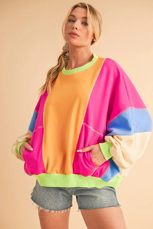 Retro Color Block Sweatshirt - Grapefruit and Hot Pink Hoodie with Side Slits Relaxed Casual