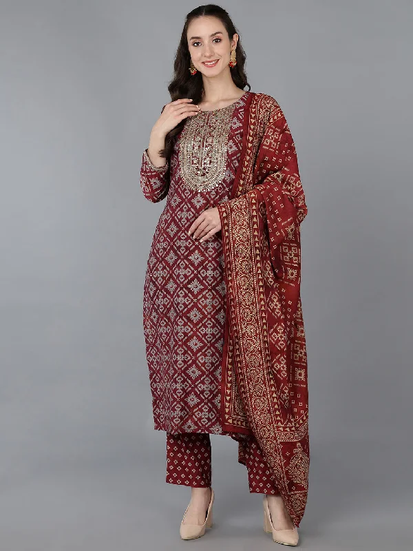 Women's Silk Blend Embroidered Abstract Printed Kurta Pant With Dupatta - Ahika Comfortable Denim Trousers