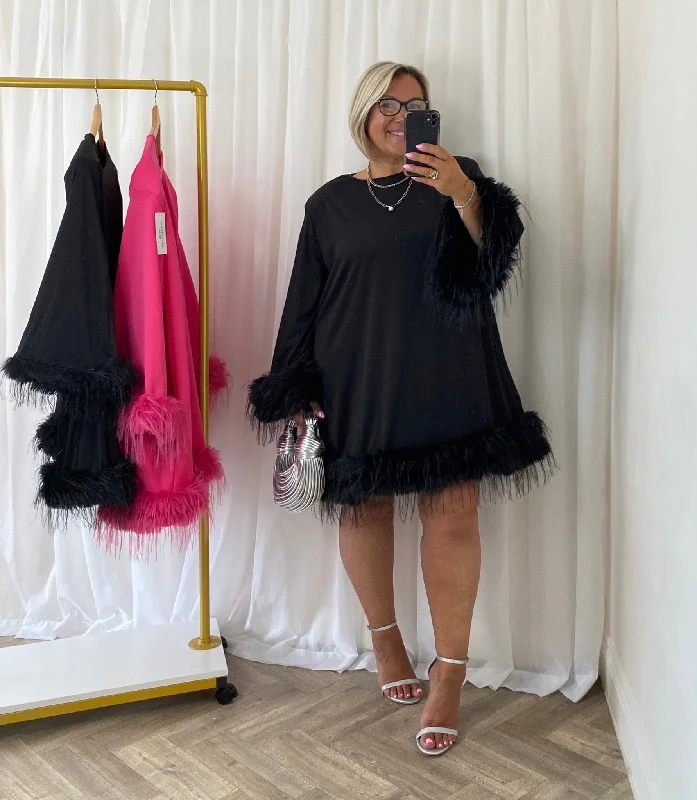 Feather Trim Dress In Black Tunic Top Casual