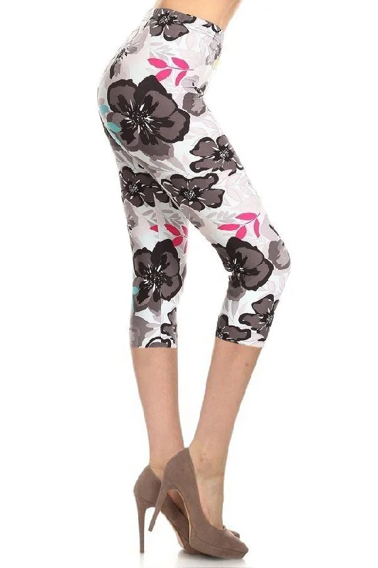 High Waisted Floral Printed Knit Capri Legging Trendy Cut-Out Activewear Leggings