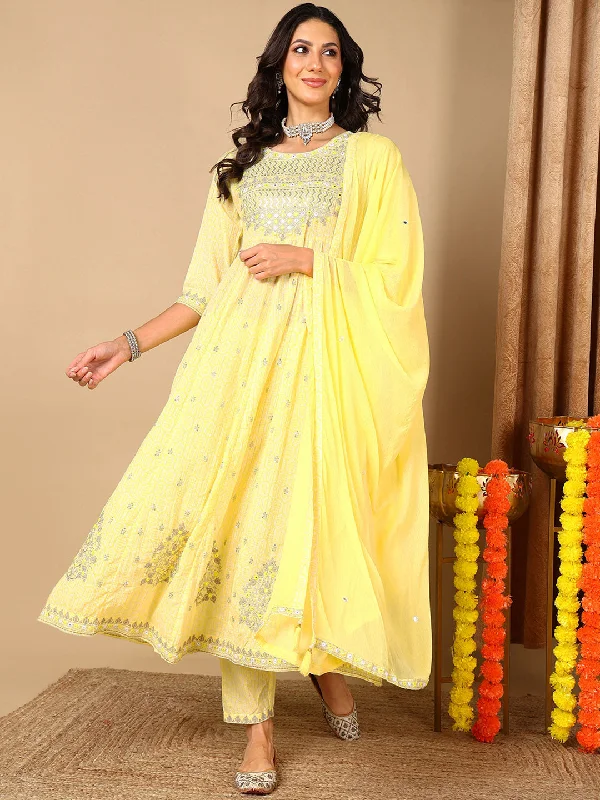 Women's Yellow Pure Cotton Geometric Printed Embroidered Kurta Pant With Dupatta  - Ahika Formal Linen Trousers