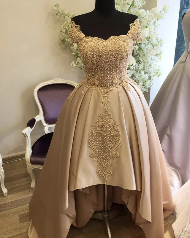 High Low Prom Dresses Lace Embroidery Satin Gowns Tunics Trendy modern