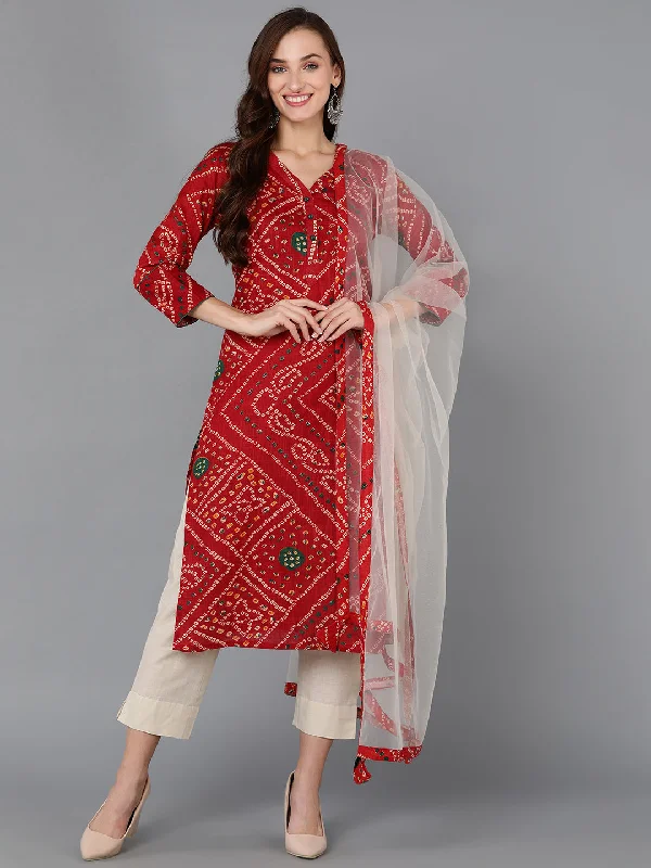Women's Cotton Blend Bandhani Printed Kurta Pants With Dupatta - Ahika Classic Chino Pants