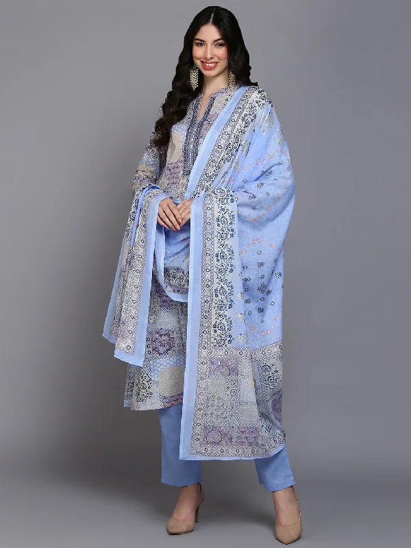 Women's Cotton Maya Blue Printed Straight Kurta Pant With Dupatta - Ahika Formal Wide-Leg Pants