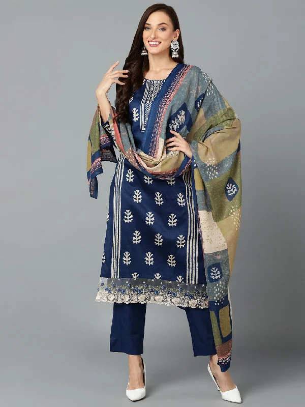 Women's Silk Blend Prussian Blue Straight Kurta Pant With Dupatta  - Ahika Comfortable Denim Leggings