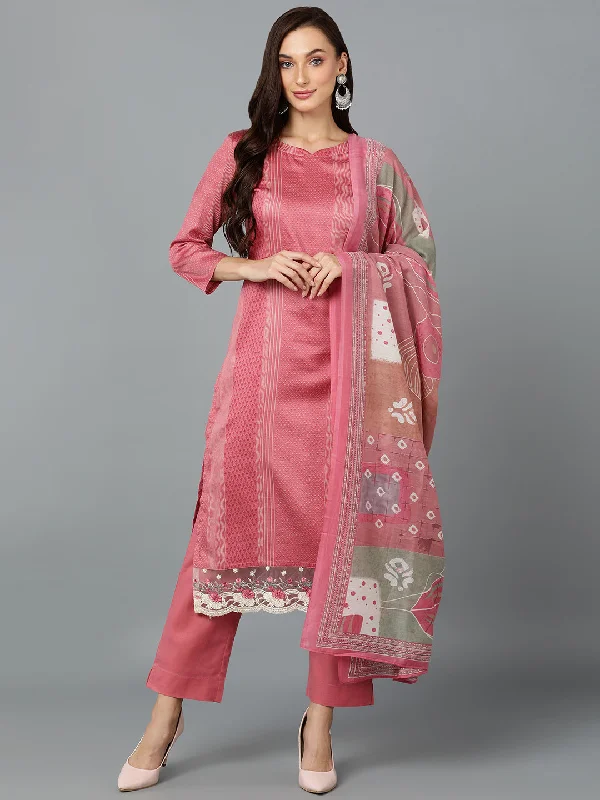 Women's Silk Blend Pink Printed Straight Kurta Pant With Dupatta - Ahika Casual Wide Pants