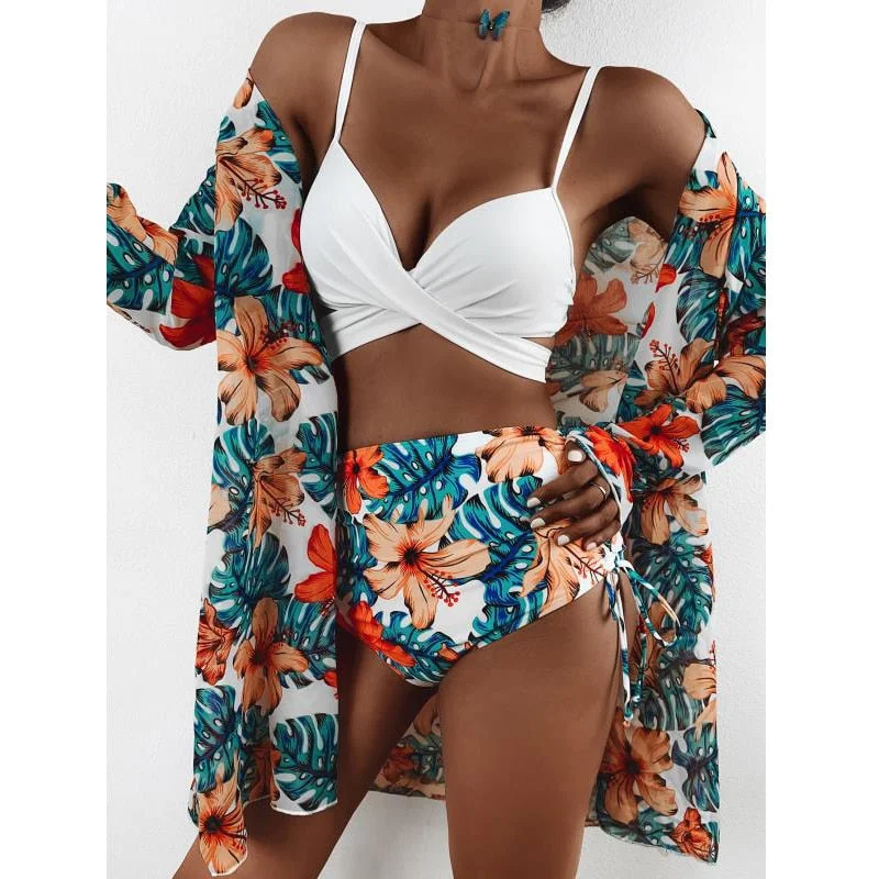Three Pieces Bikini Set Cover Up Swimwear Women Swimsuit Print Long Sleeve Bathing Suit Beachwear Swimming Printed bikini, Fun designs, Trendy, Stylish