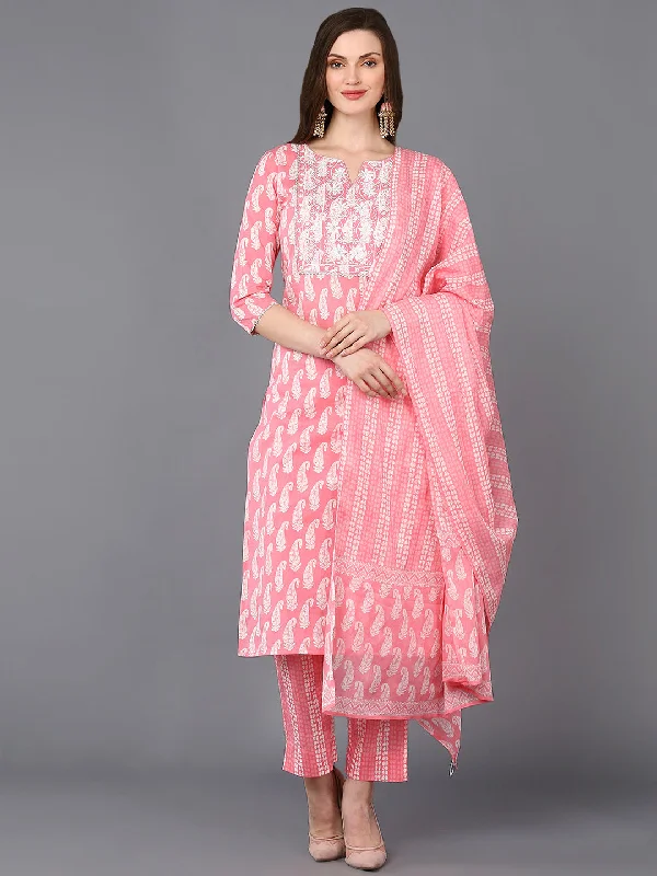 Women's Cotton Pink Printed Straight Kurta Pant With Dupatta - Ahika Cozy Jogger Leggings