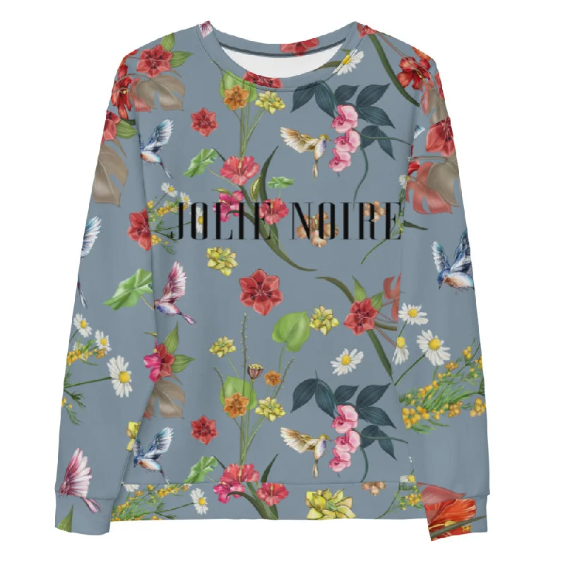 Noire Floral Sweatshirt- Pigeon Blue Hoodie with Lining Warm Insulated