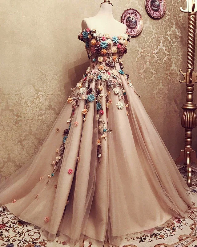 Charming Tulle Evening Dress 3D Flowers Embroidery Prom Gowns Tunics Canvas sturdy