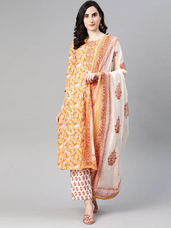 Women's Cotton Printed Kurta Pants And Dupatta Set - Ahika Trendy High-Waist Trousers