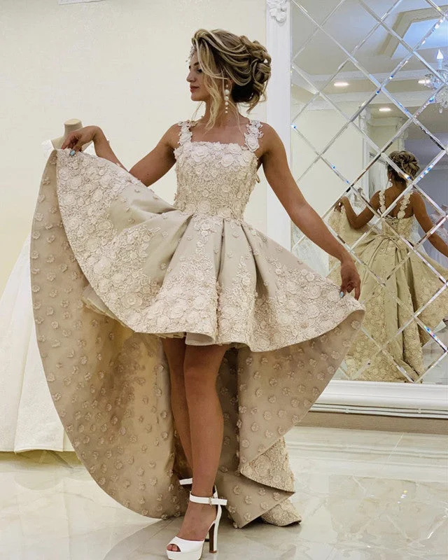 High Low Prom Dresses 3D Flowers Sweetheart Spaghetti Straps Tunics Fall fleece