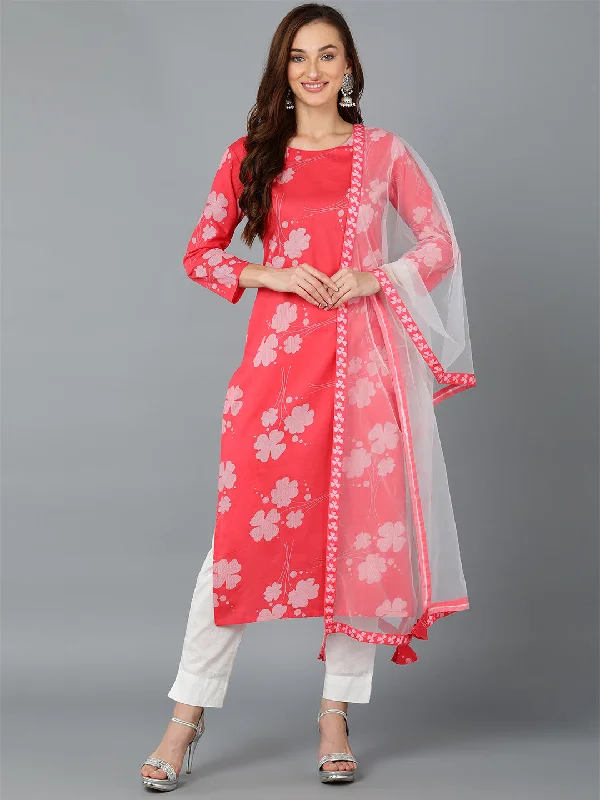 Women's Cotton Blend Floral Printed Kurta Pant With Dupatta - Ahika Chic Capri Pants