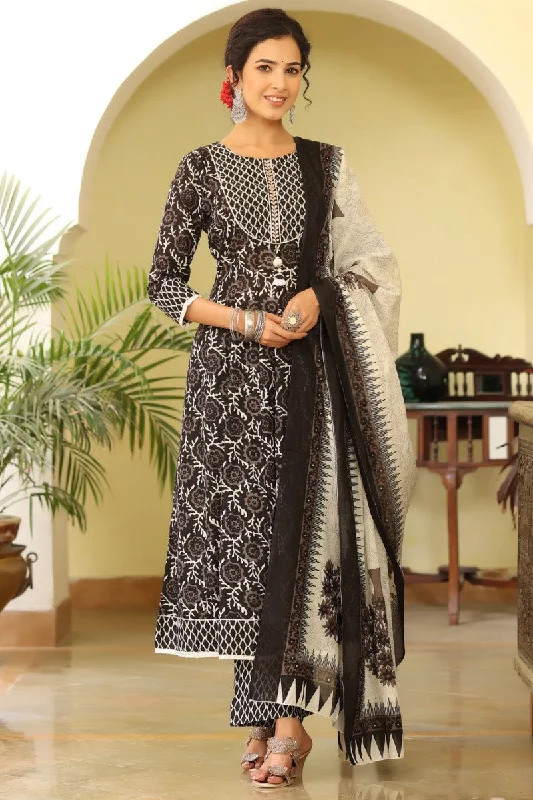 Women's Cotton Blend Printed Kurta Pant Dupatta Set - Ahika Fashionable Jogger Pants