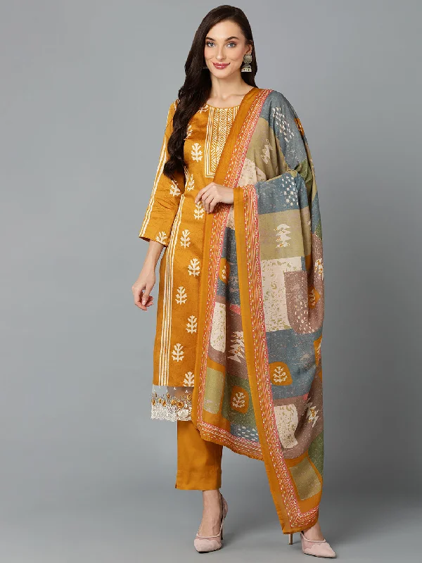 Women's Silk Blend Ochre Yellow Straight Kurta Pant With Dupatta  - Ahika Relaxed Casual Leggings