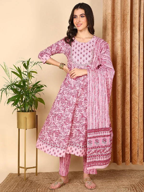 Women's Pink Pure Cotton Floral Printed Yoke Design Kurta Pant With Dupatta  - Ahika Classic Stretch Pants