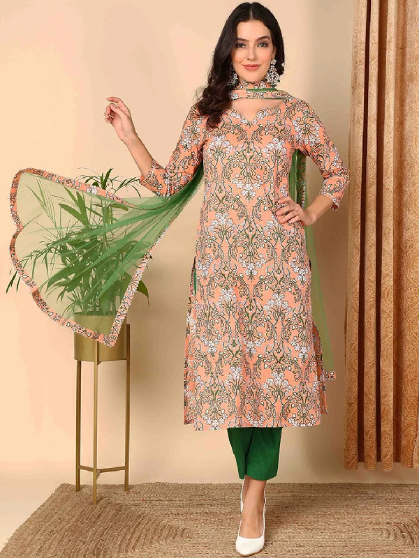 Women's Peach Pure Cotton Floral Printed Straight Kurta Pant With Dupatta - Ahika Fashionable Button-Up Pants