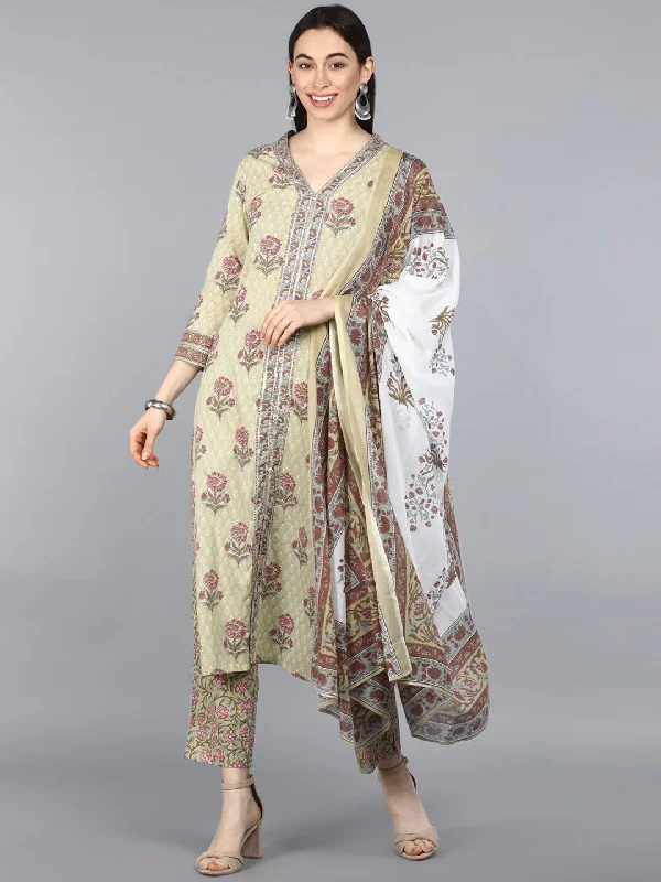 Women's Pure Cotton Printed Kurta Pant Dupatta Set - Ahika Casual Track Pants