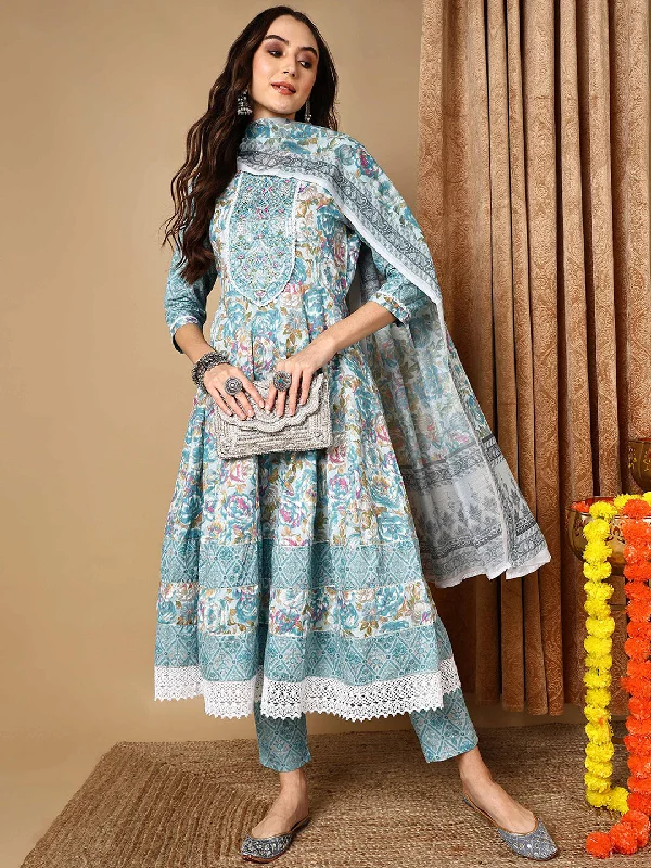 Women's Blue Pure Cotton Floral Printed Kurta Pant With Dupatta  - Ahika Soft Stretch Leggings