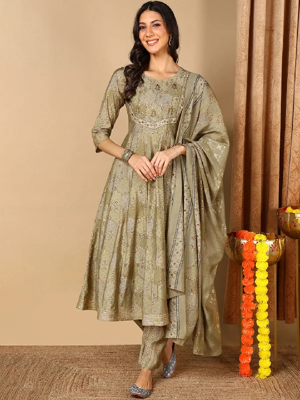 Women's Olive Pure Cotton Floral Printed Yoke Design Kurta Pant With Dupatta  - Ahika Relaxed Linen Pants