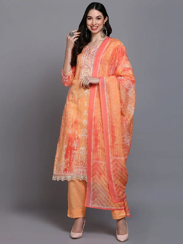 Women's Cotton Orange Printed Straight Kurta Pant With Dupatta - Ahika Fashionable Tapered Leg Pants