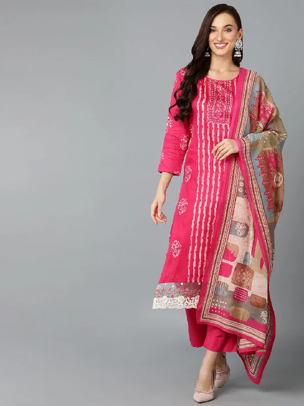 Women's Silk Blend Rani Pink Straight Kurta Pant With Dupatta - Ahika Chic Wool Trousers