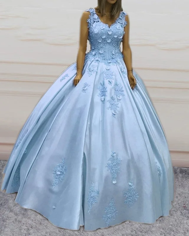 Ball Gown V Neck Satin Quinceanera Dresses With 3D Flowers Tunics Mesh breathable