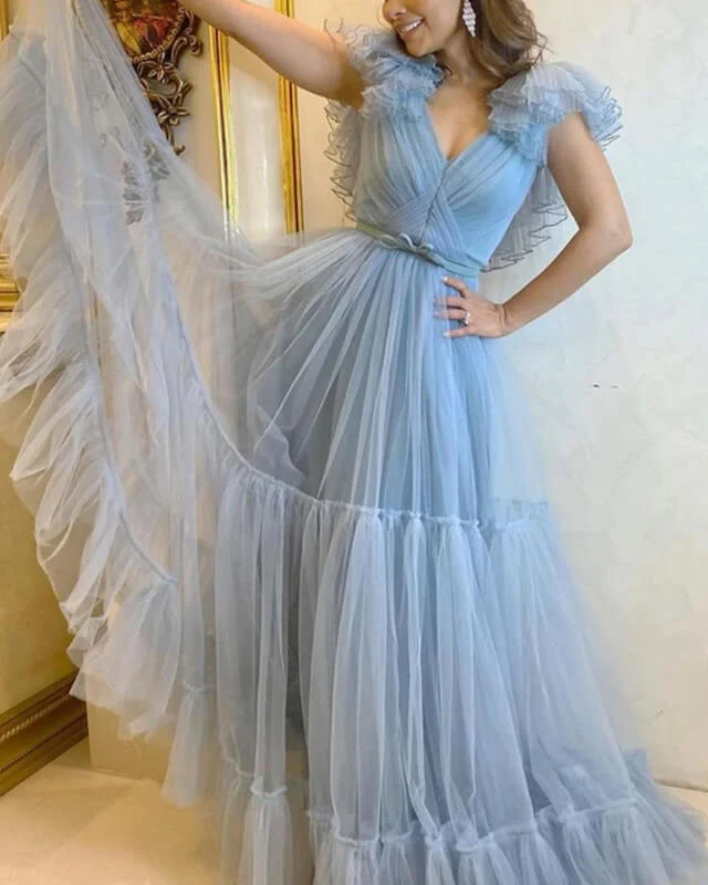 80s Inspired Tulle Prom Dresses V Neck Ruffles Sleeves Bodycon Club Sequined