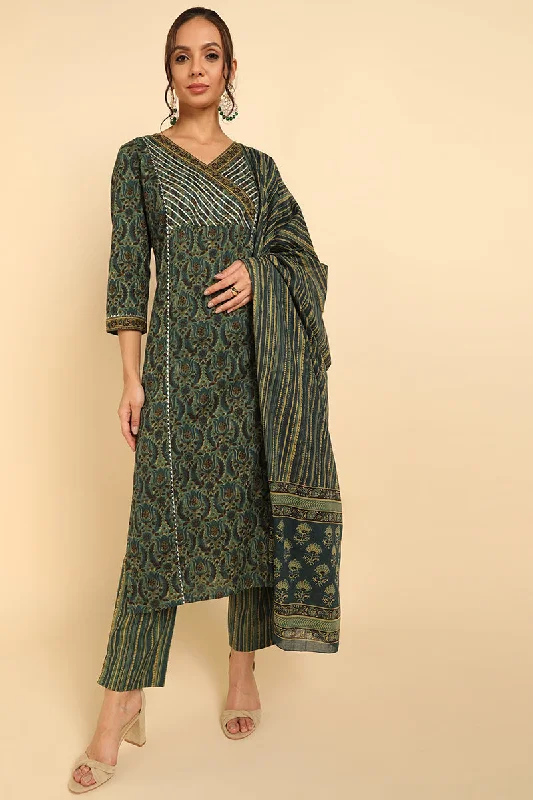 Women's Cotton Printed Kurta Pants With Dupatta Set  - Ahika Comfortable Jogger Trousers