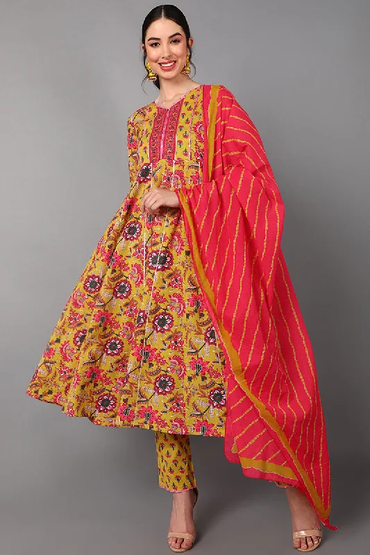 Women's Cotton Printed Kurta Pants Dupatta Set  - Ahika Comfortable Maternity Pants