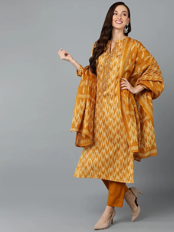 Women's Silk Blend Ochre Yellow Straight Kurta Pant With Dupatta - Ahika Casual Drawstring Pants