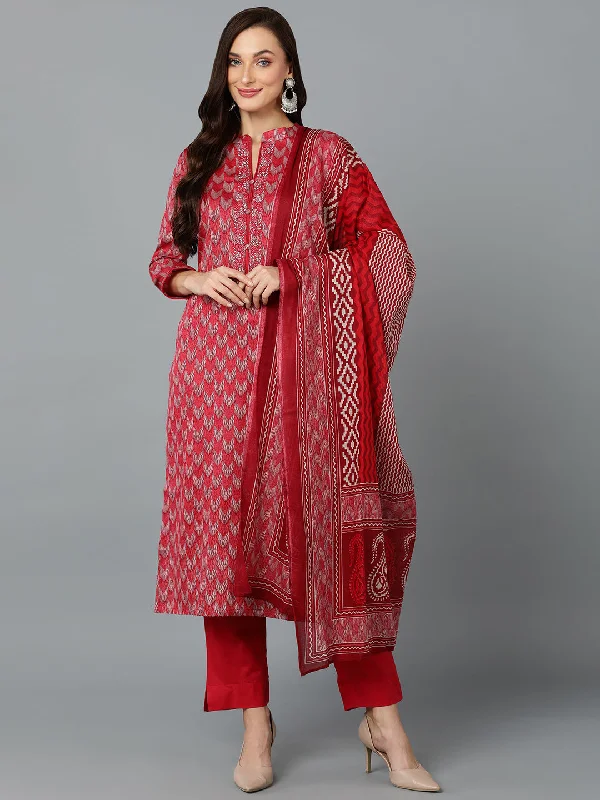 Women's Red Silk Blend Straight Kurta Pant With Dupatta - Ahika Classic Stretch Pants