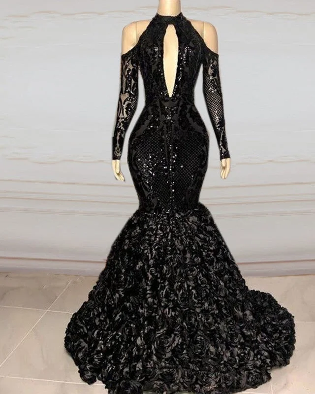 Black Sequin Prom Dresses Cold Sleeves Tunics Ceremony elegant
