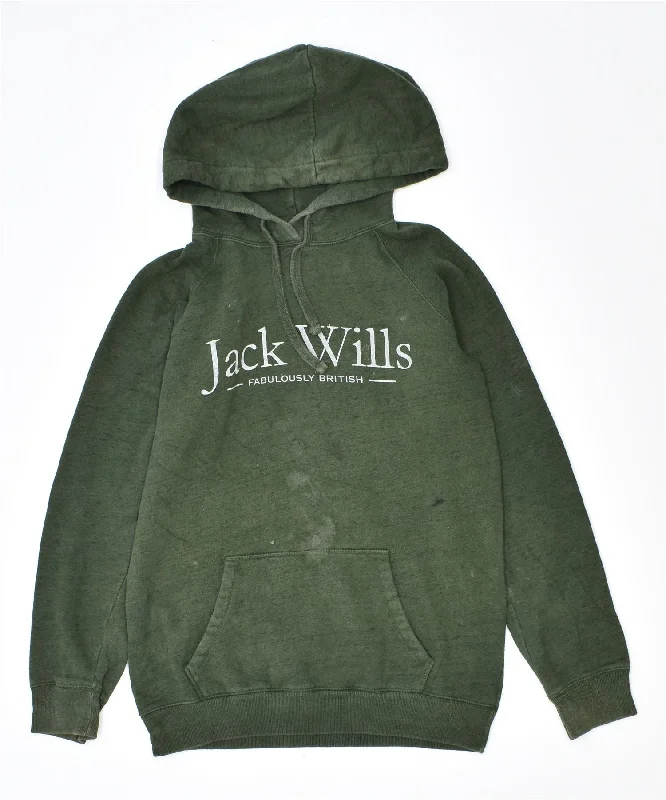 JACK WILLS Womens Graphic Hoodie Jumper UK 6 XS Green Cotton Hoodie with Ribbed Cuffs Snug Fit Comfort