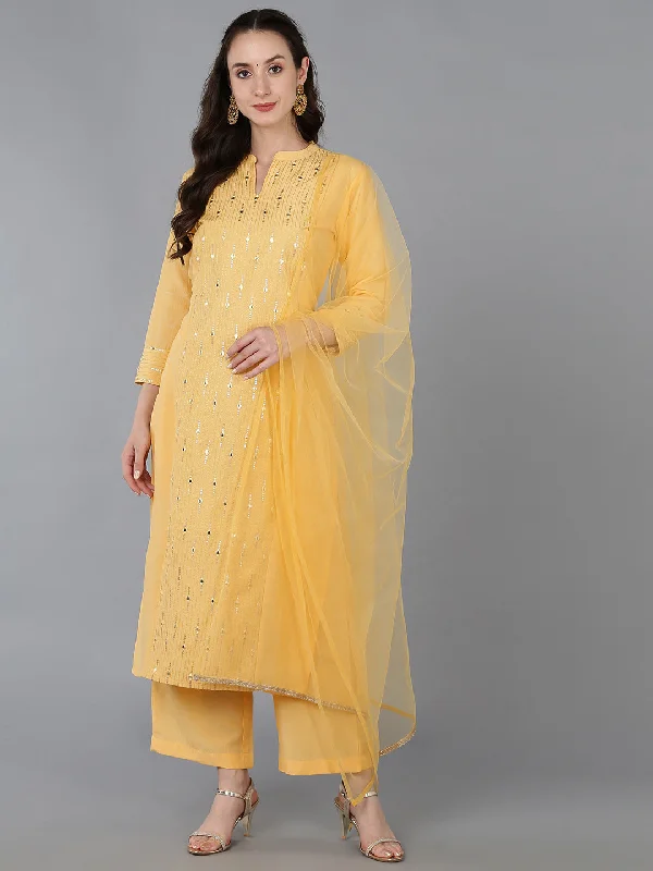 Women's Silk Blend Embroidered Mirror Work Kurta Pant With Dupatta - Ahika Trendy Printed Leggings