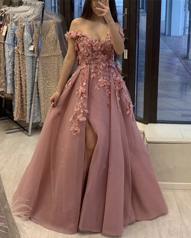 Dusty Pink Prom Dresses Off Shoulder Tulle Split Tunics Travel practical