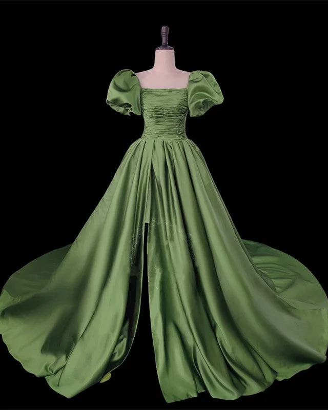 Sage Green Ball Gown Prom Dresses Puffy Sleeve Leg Split A-Line Day Work