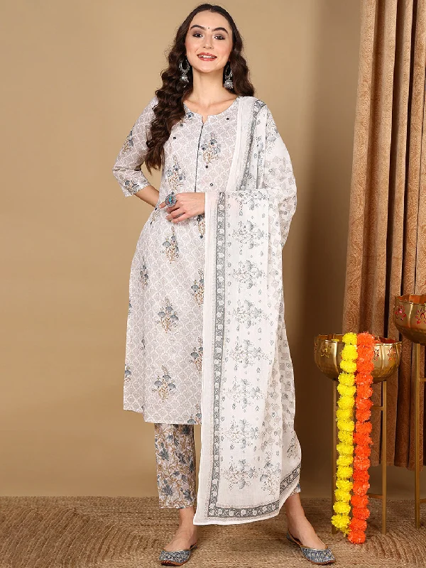 Women's Off White Pure Cotton Ethnic Motifs Printed Kurta Pant With Dupatta  - Ahika Chic Black Leggings