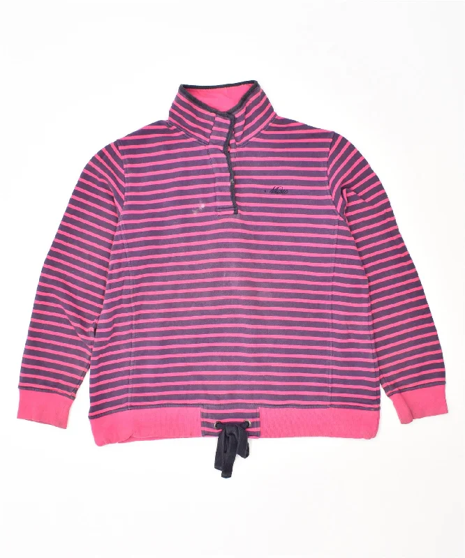 VINTAGE Womens Button Neck Sweatshirt Jumper UK 18 XL Pink Striped Cotton Zip Hoodie Drawstring Kangaroo Pocket