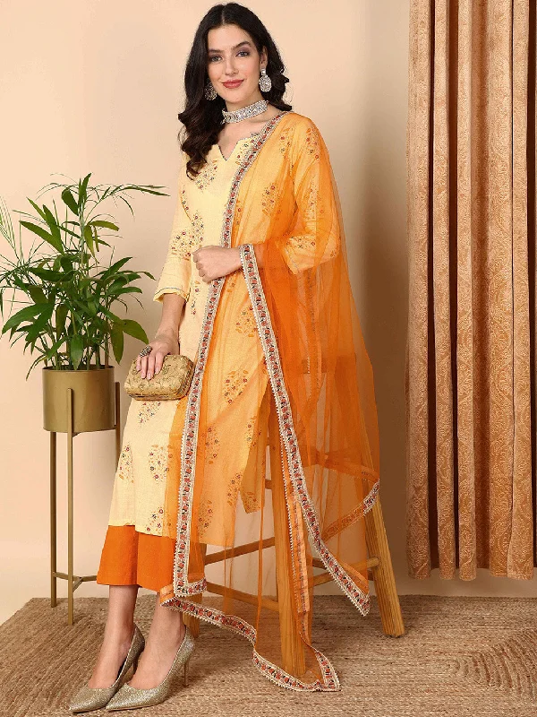 Women's Yellow Pure Cotton Floral Printed Straight Kurta Pant With Dupatta - Ahika Elegant Wool Trousers