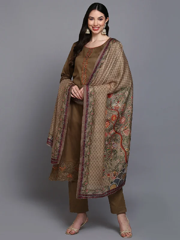 Women's Cotton Khaki Embroidered Straight Kurta Pant With Dupatta - Ahika Comfortable Pleated Pants