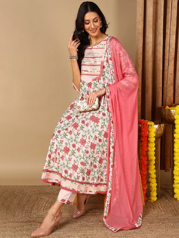 Women's Pink Pure Cotton Floral Printed Yoke Design Kurta Pant With Dupatta  - Ahika Relaxed High-Waist Trousers
