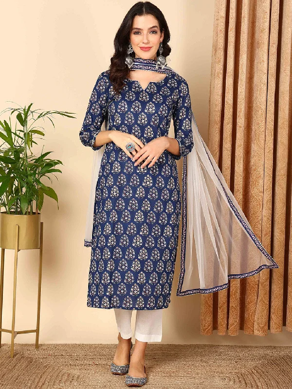 Women's Blue Pure Cotton Floral Printed Straight Kurta Pant With Dupatta - Ahika Trendy Velvet Pants